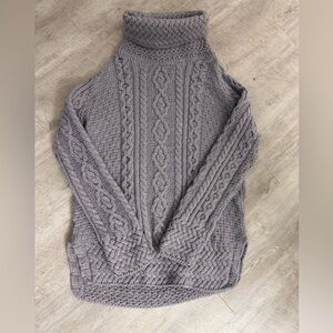 Aran Cable Knit Merino Wool Turtleneck Sweater, Gray, Size Medium
